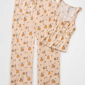 American Eagle Outfitters Pumpkin Print Pajama Set - Cream and Orange
